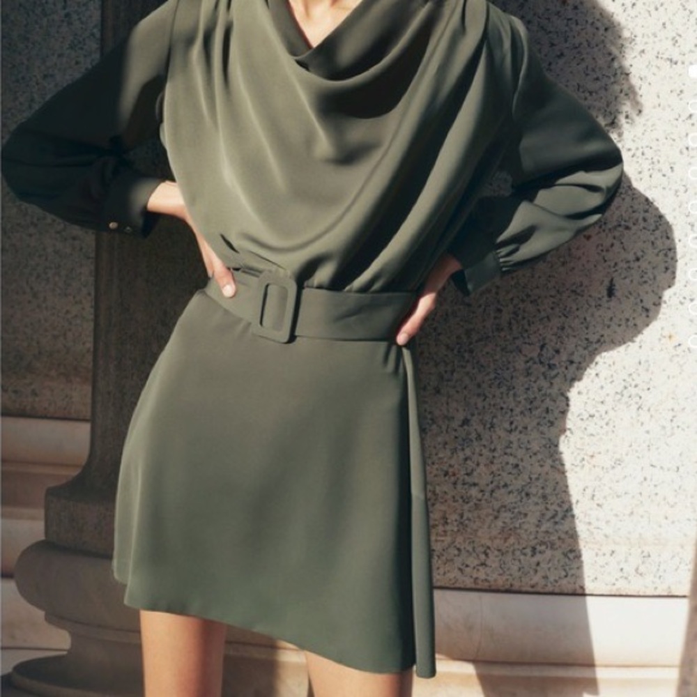 ZARA Belted fluid neckline dress